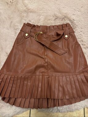 Zara Brown Pleated Faux Leather Mini Skirt with Belt